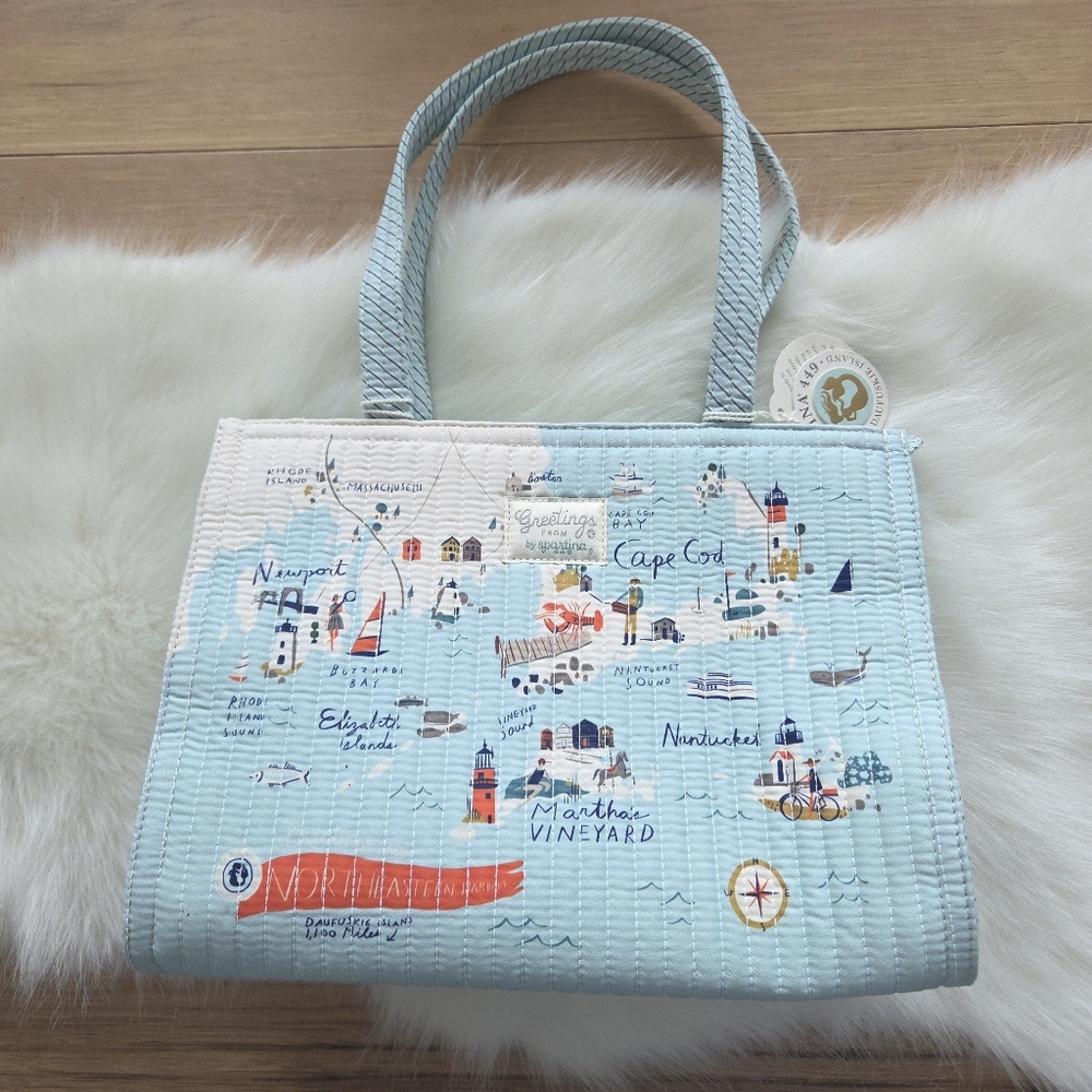 NWT Spartina 449 Northeastern Harbors Quilted Zip Tote Cape Cod Nantucket Map
